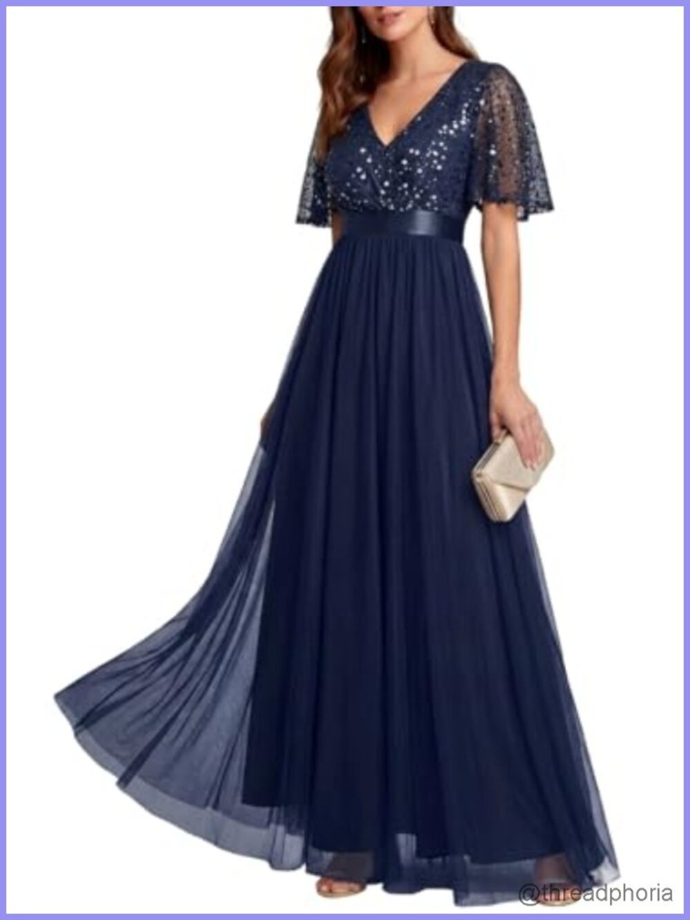 Sequin Tulle V Neck A Line Long Formal Prom Evening Gown Dress